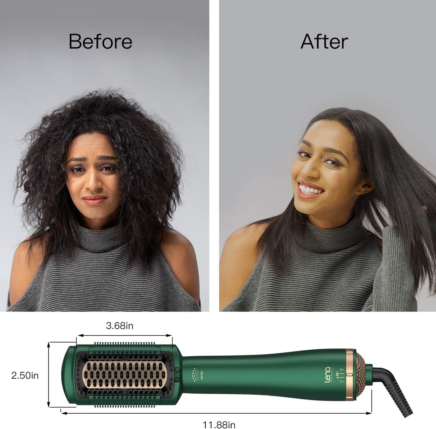 LENA Hair Straightener Brush Dryer PRO Blow Dryer Hot Air Brush - Anti-Scald Straightening Iron Comb Styler with Extra Ion Care, Far Infrared Heating and 3 Modes for Long & Medium Length Hair, Green